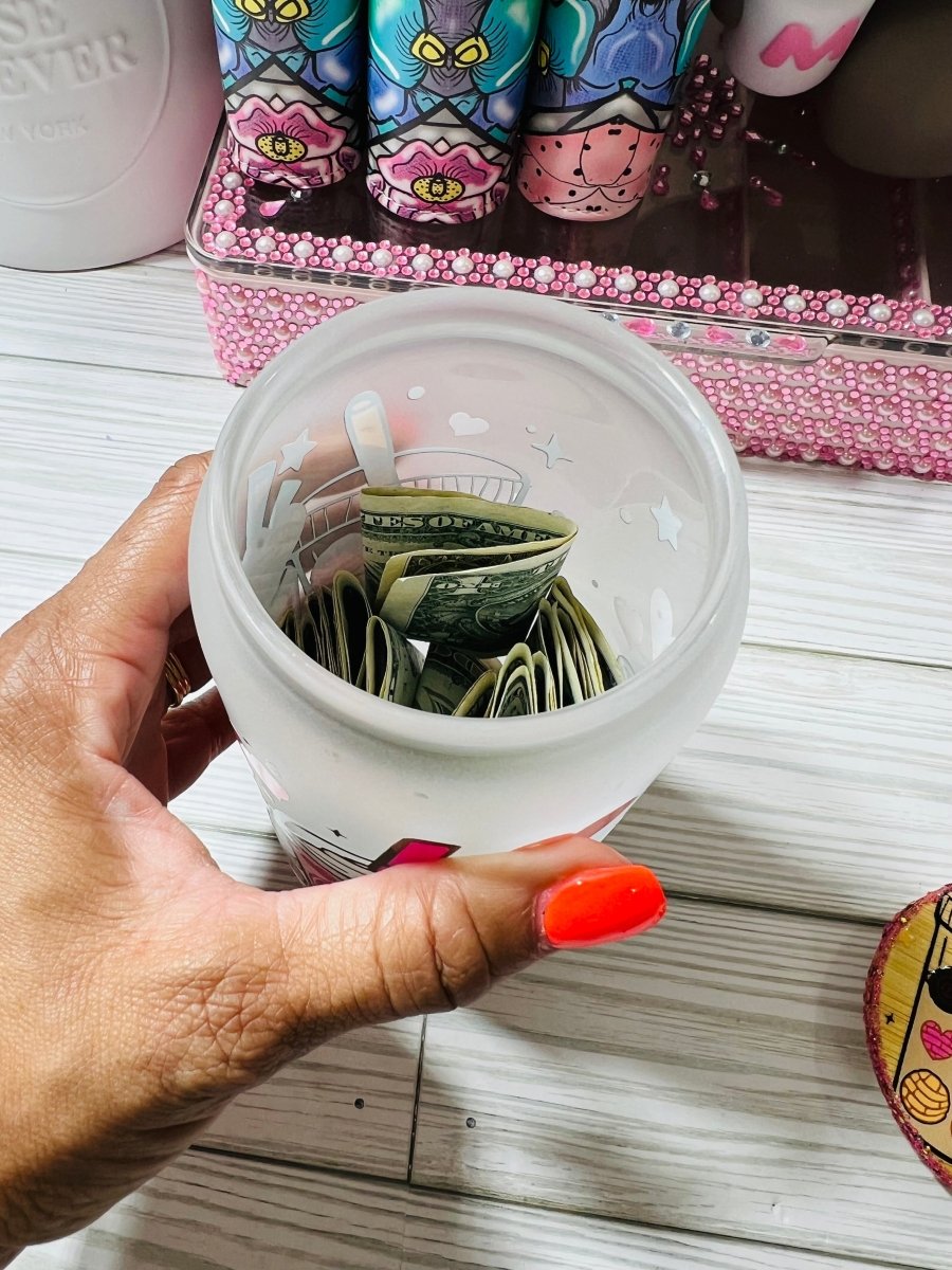 16oz Pretty Nails Glass Money Jar with Bling Lid - Save & Sip in Style - PinkeCloth