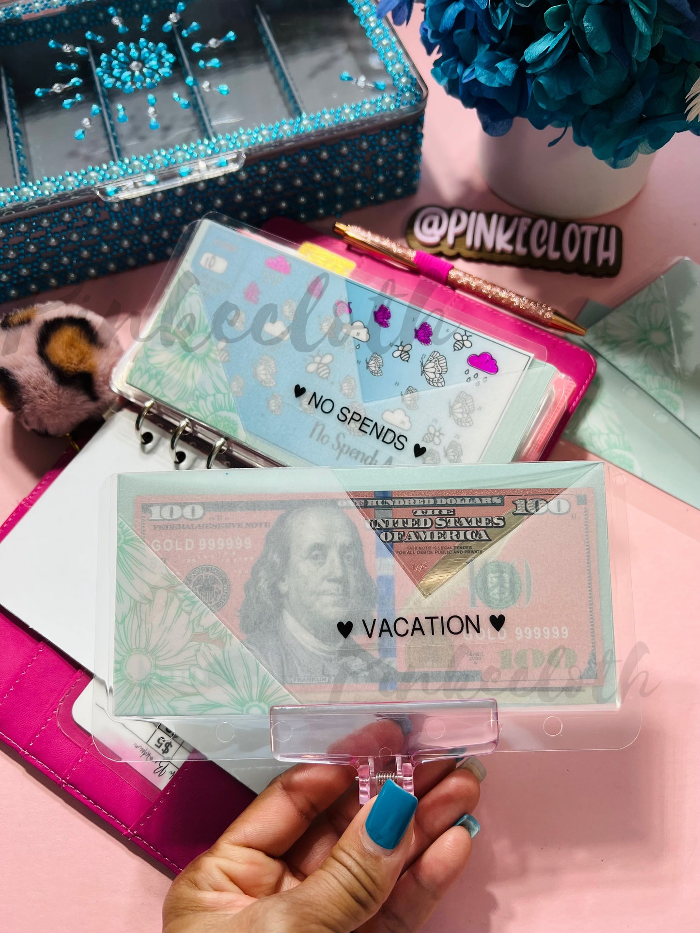 Handmade “V” Teal Flowers Vellum Pink A6 or A7 Cash envelopes