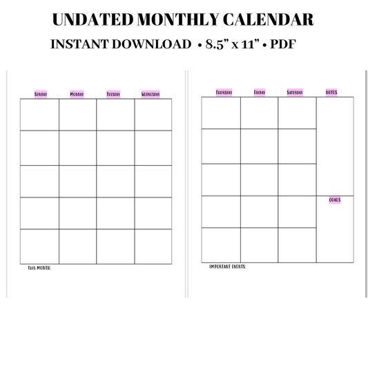 Undated Monthly Calendar Pink | Budget Planner Pdf Instant Download