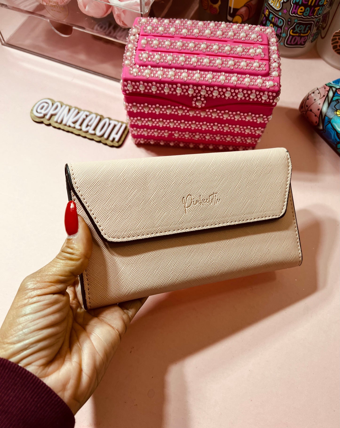 PINKECLOTH Pink Saffiano Cash Wallet with Envelopes
