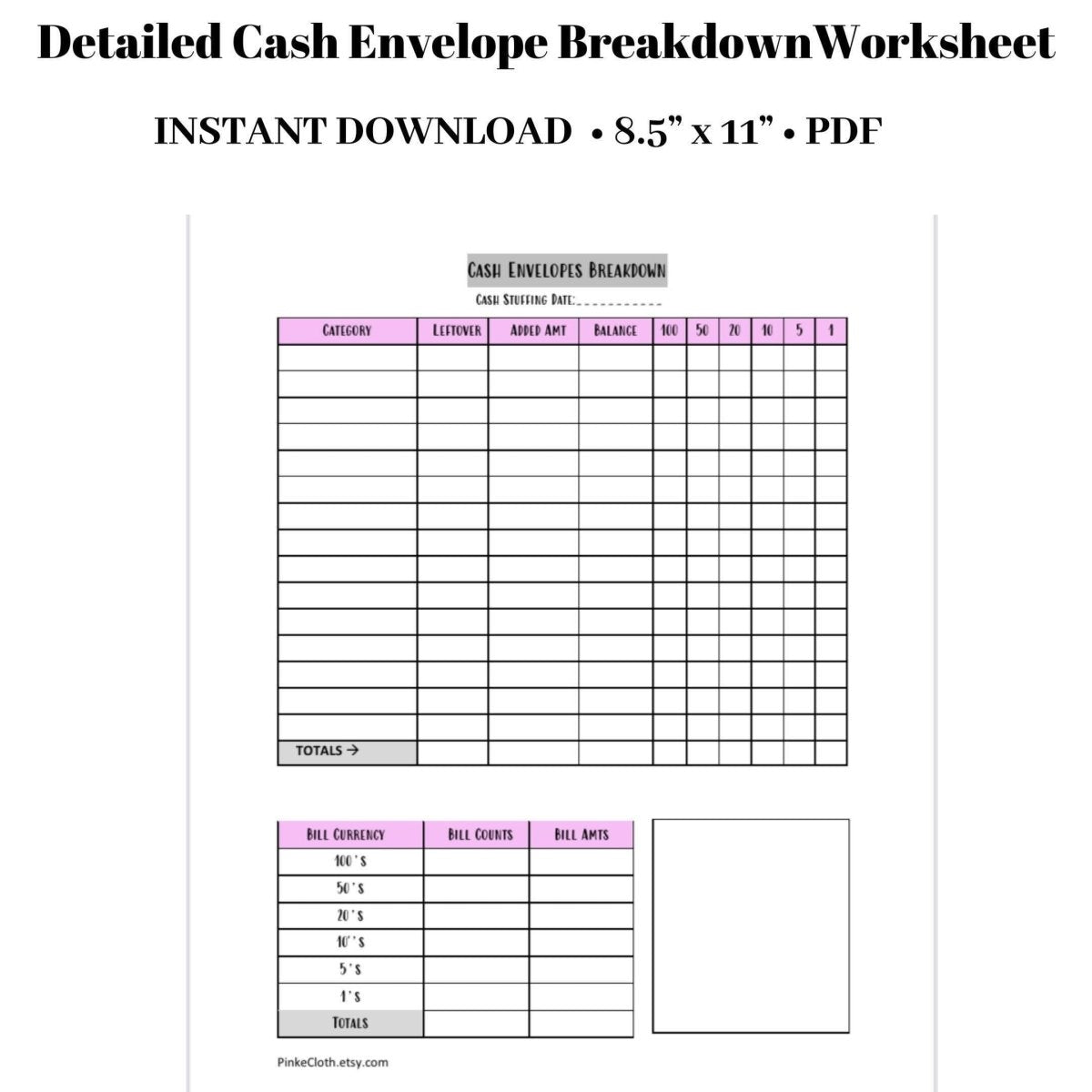 Cash Envelope Breakdown Worksheet | Cash Stuffing | Spending | Cash PDF | Budget Insert | | 8.5 x 11 | | INSTANT DOWNLOAD | - PinkeCloth