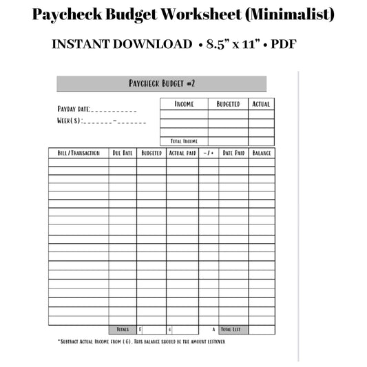 Paycheck Budget Worksheets | Minimalist Planner Pdf Instant Download