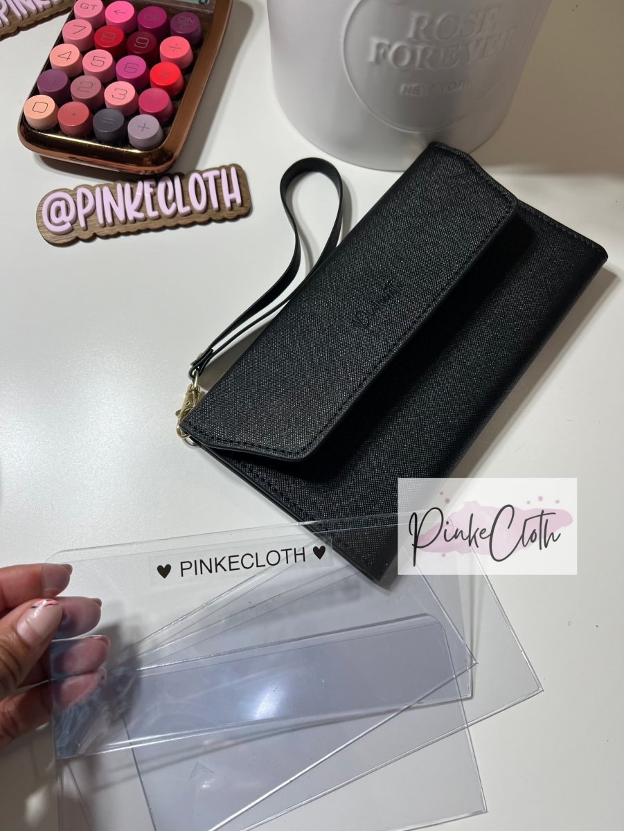 PINKECLOTH MIDNIGHT BLACK Saffiano Cash wristlet with 5 Envelopes - PinkeCloth