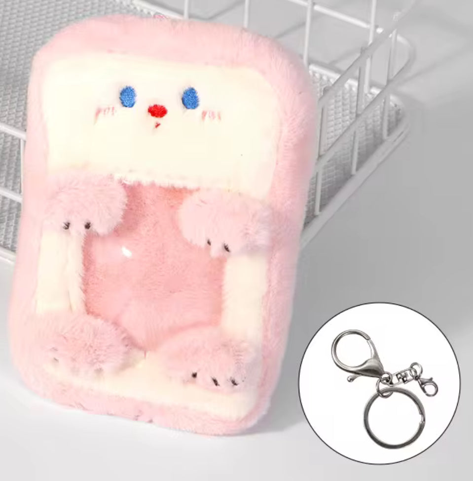 Fuzzy bear pink photo keychain