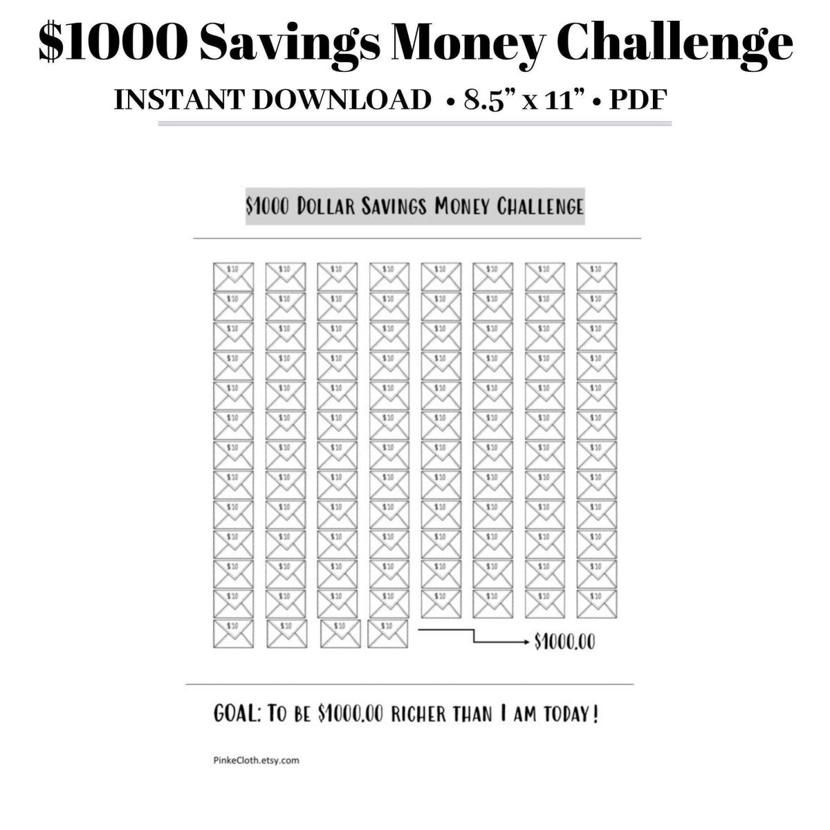 1000 Savings Money Challenge | Savings tracker INSTANT DOWNLOAD - PinkeCloth