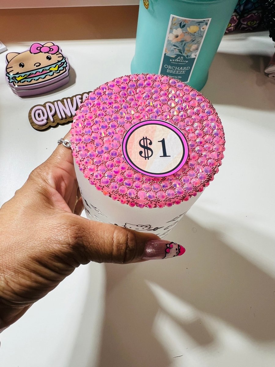 16oz Glass kitty symbol Money Bank / cup with Bling Lid - Dual - Use as Stylish Beverage Cup - PinkeCloth