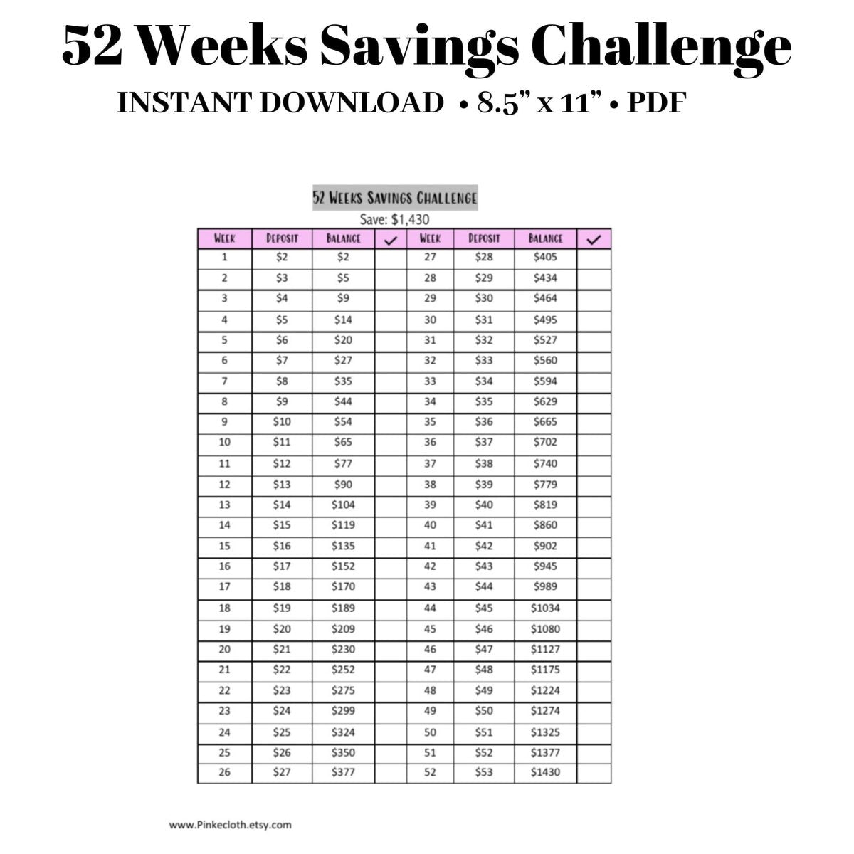 52 Weeks Savings Challenge | Savings tracker INSTANT DOWNLOAD - PinkeCloth