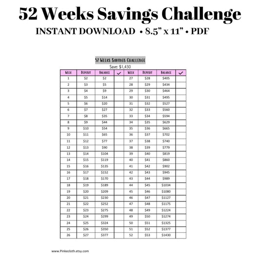 52 Weeks Savings Challenge | Savings tracker INSTANT DOWNLOAD - PinkeCloth