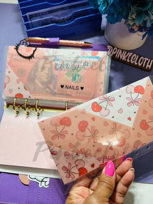 Handmade “V” Cherries and Bows Vellum Pink A6 or A7 Cash envelopes