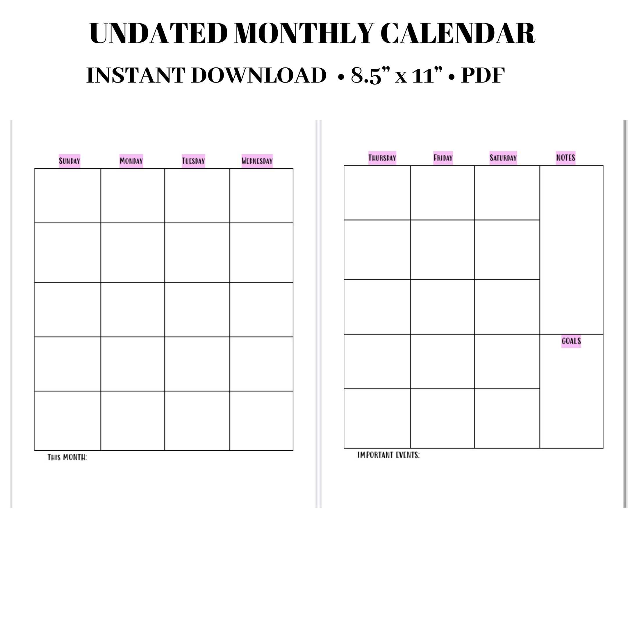 Undated Monthly Calendar Pink | Budget Planner Pdf Instant Download