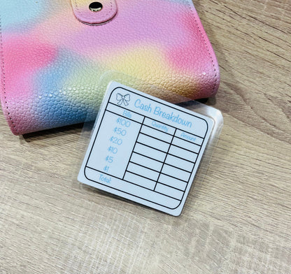 Reusable Cash Breakdown Bank Teller Slip (Color Options) | Laminated Card Blue