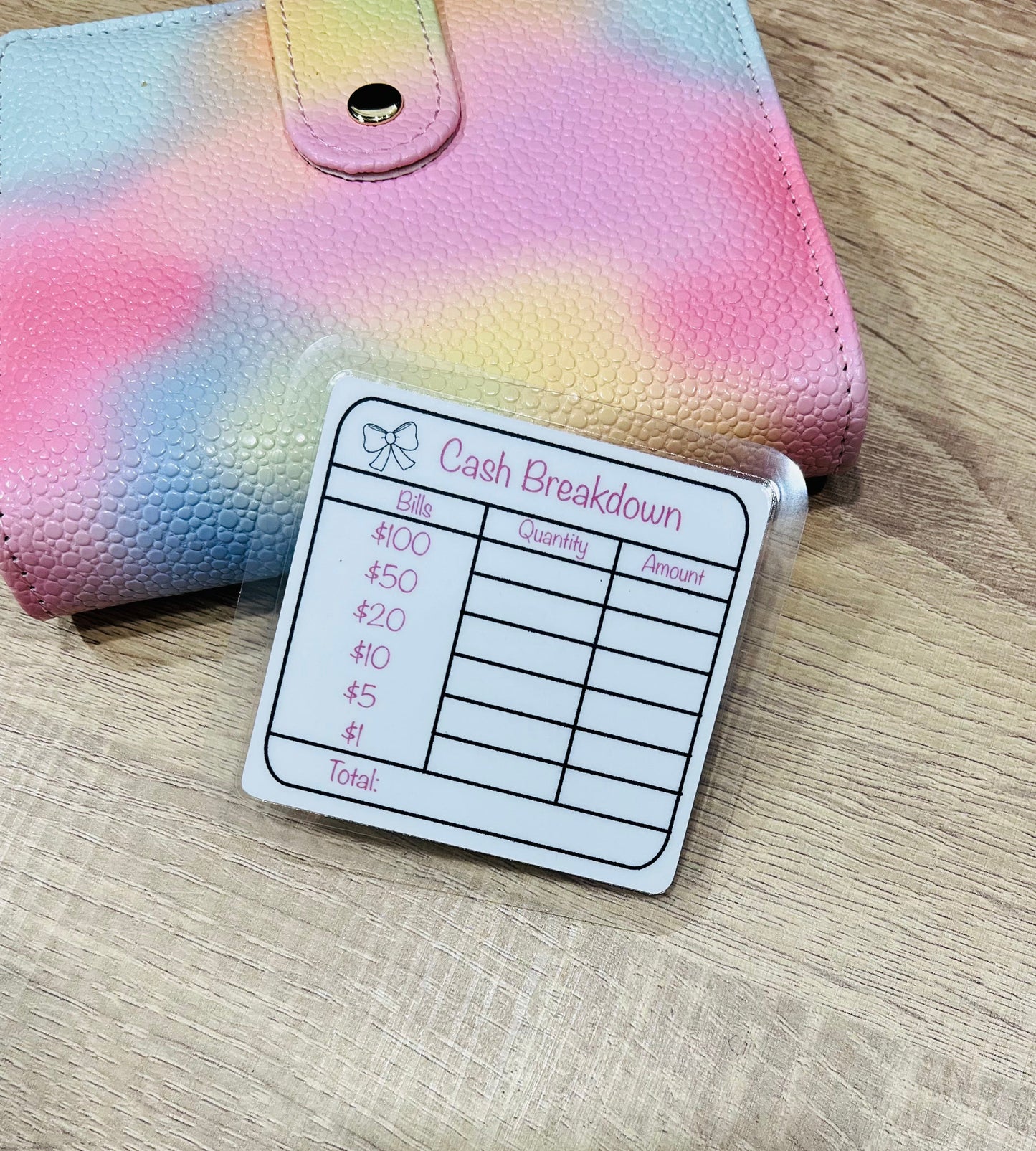 Reusable Cash Breakdown Bank Teller Slip (Color Options) | Laminated Card Pink