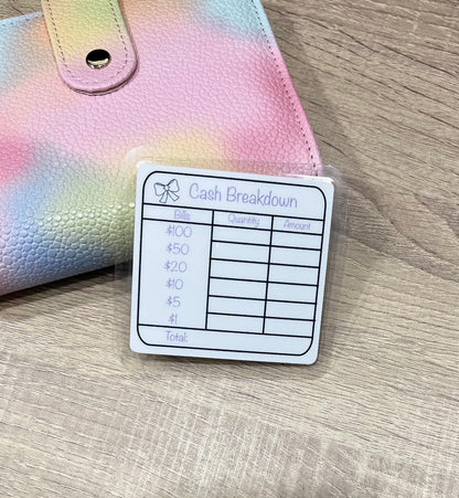 Reusable Cash Breakdown Bank Teller Slip (Color Options) | Laminated Card