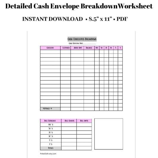Cash Envelope Breakdown Worksheet | Cash Stuffing | Spending | Cash PDF | Budget Insert | | 8.5 x 11 | | INSTANT DOWNLOAD | - PinkeCloth
