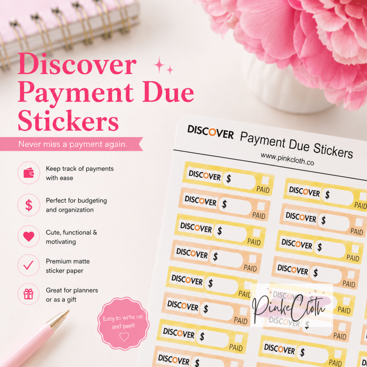 Discover Payment Due Stickers - Budget Planner Stickers 28 Count | PinkeCloth - PinkeCloth