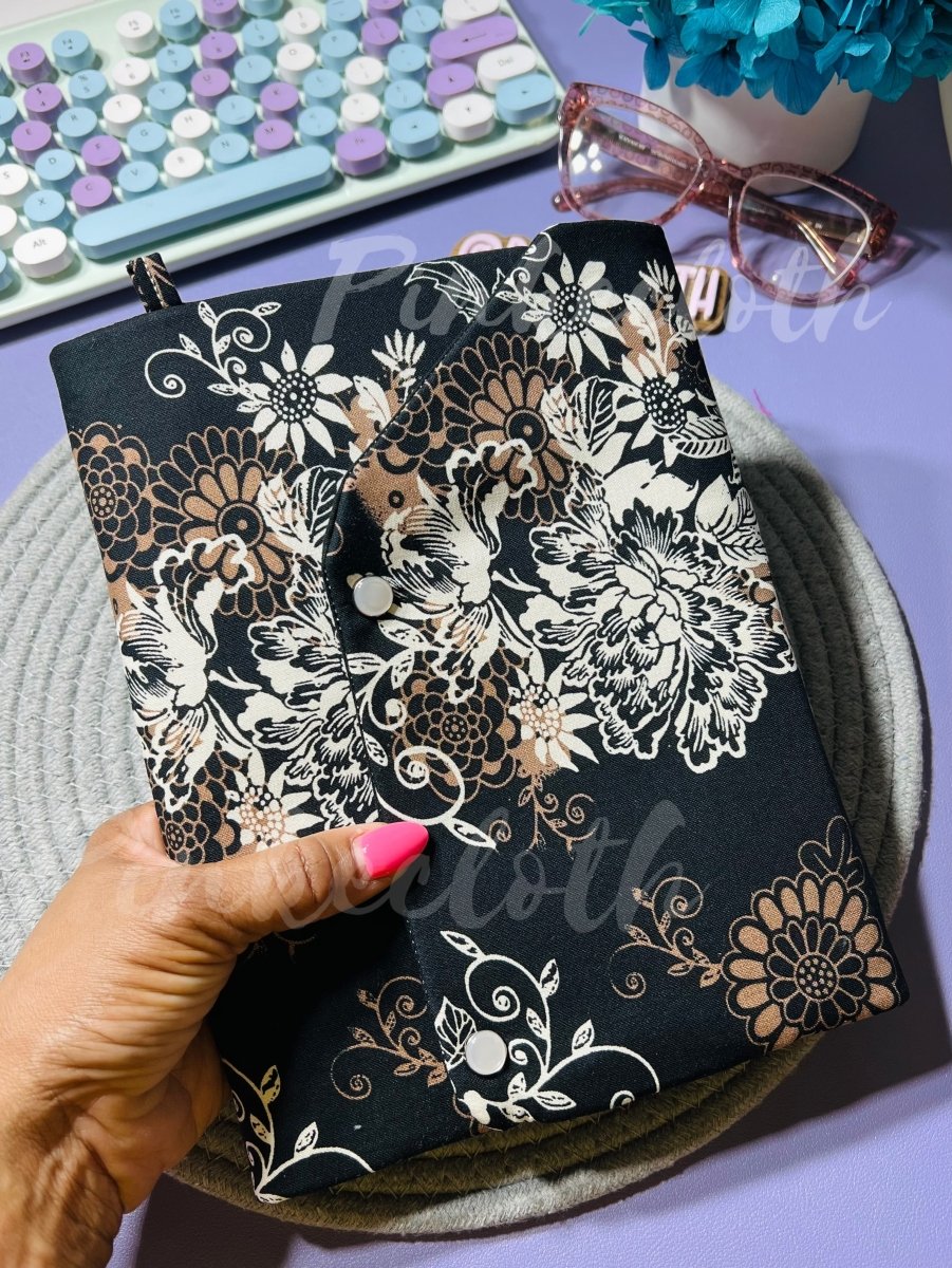 Handmade A5 Black Lotus Planner Wallet Cover - PinkeCloth