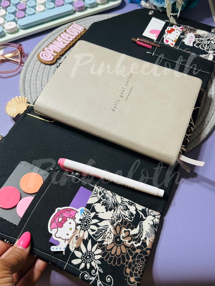 Handmade A5 Black Lotus Planner Wallet Cover - PinkeCloth