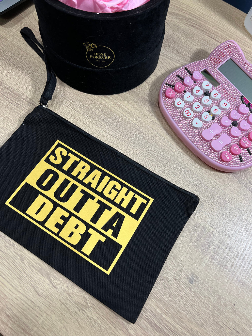 Gold Straight Outta Cash Debt Black Zipper Pouch