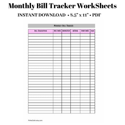 Monthly Bill Tracker Worksheet | Payment tracker PDF | Budget Insert | 8.5 x 11 | Happy Planner | INSTANT DOWNLOAD | Credit Card Tracker - PinkeCloth