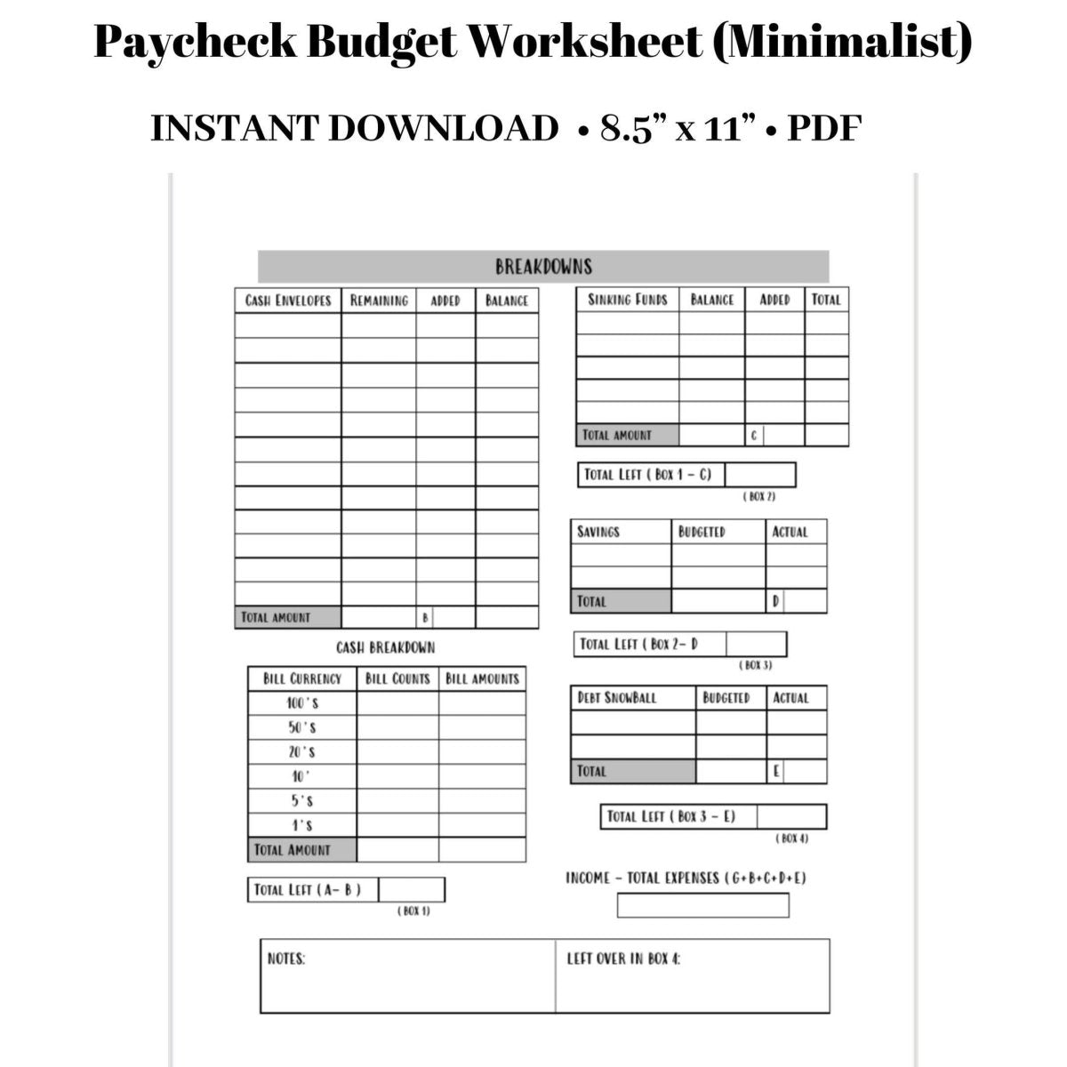 Paycheck Budget Worksheet - Minimalist Budget Planner PDF | PinkeCloth - PinkeCloth