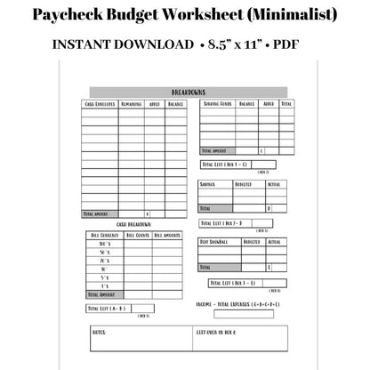 Paycheck Budget Worksheet - Minimalist Budget Planner PDF | PinkeCloth - PinkeCloth