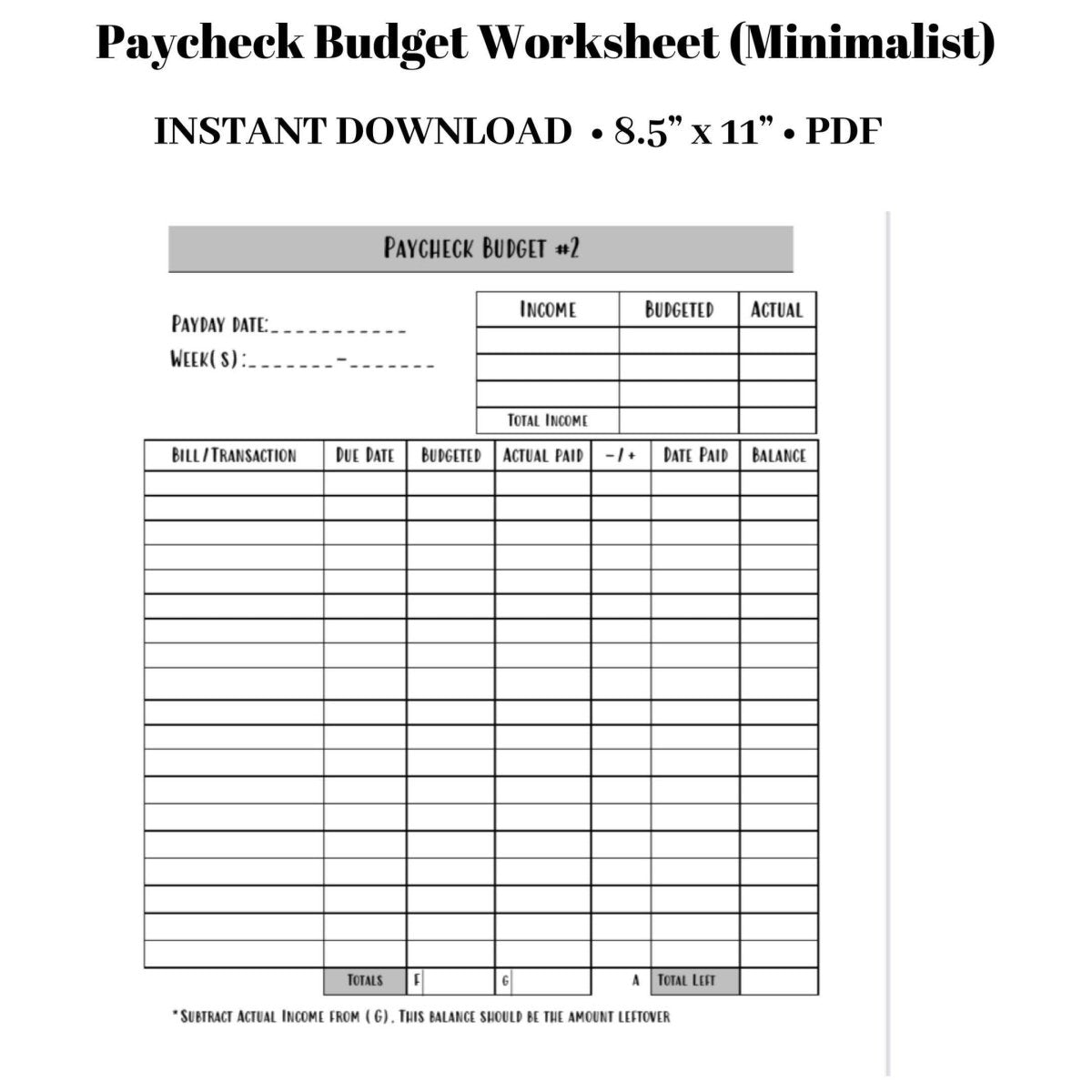 Paycheck Budget Worksheet - Minimalist Budget Planner PDF | PinkeCloth - PinkeCloth