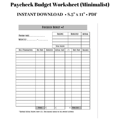 Paycheck Budget Worksheet - Minimalist Budget Planner PDF | PinkeCloth - PinkeCloth
