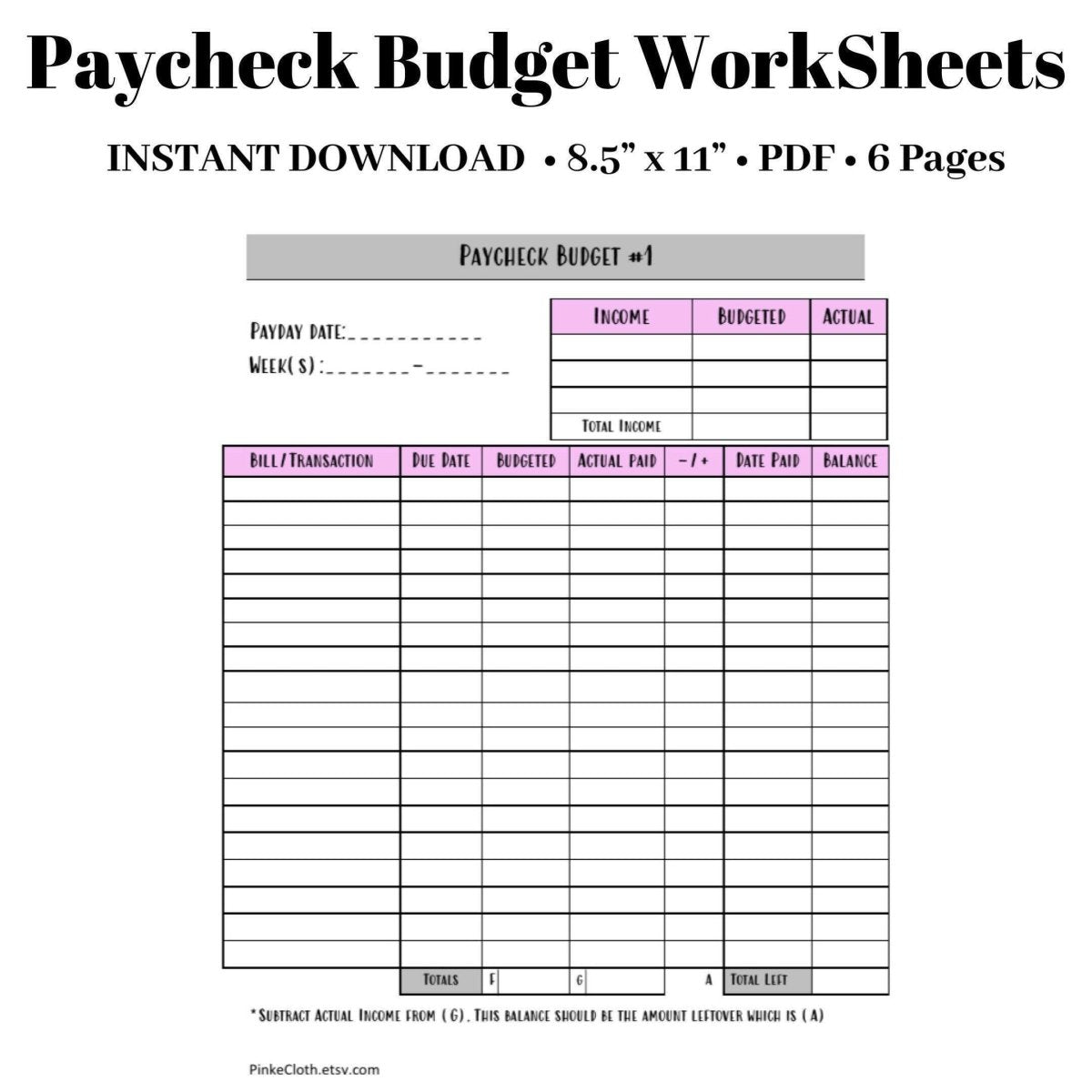 Paycheck Budget Worksheets | Budget Planner PDF INSTANT DOWNLOAD - PinkeCloth