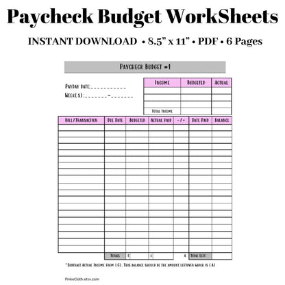 Paycheck Budget Worksheets | Budget Planner PDF INSTANT DOWNLOAD - PinkeCloth