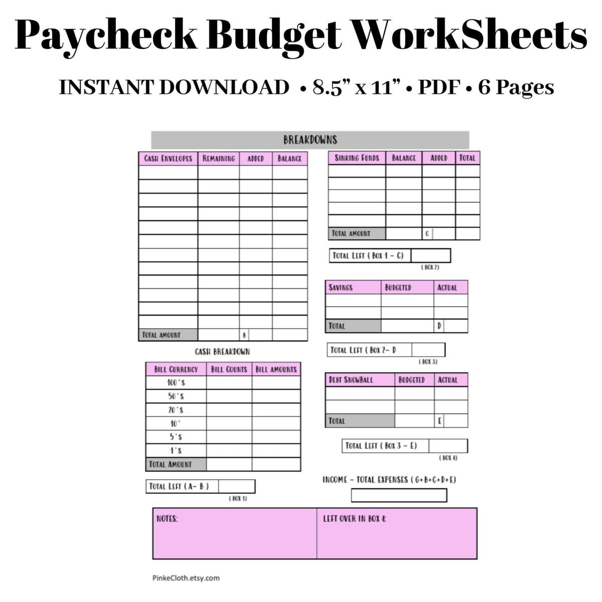 Paycheck Budget Worksheets | Budget Planner PDF INSTANT DOWNLOAD - PinkeCloth