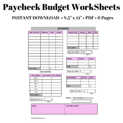 Paycheck Budget Worksheets | Budget Planner PDF INSTANT DOWNLOAD - PinkeCloth