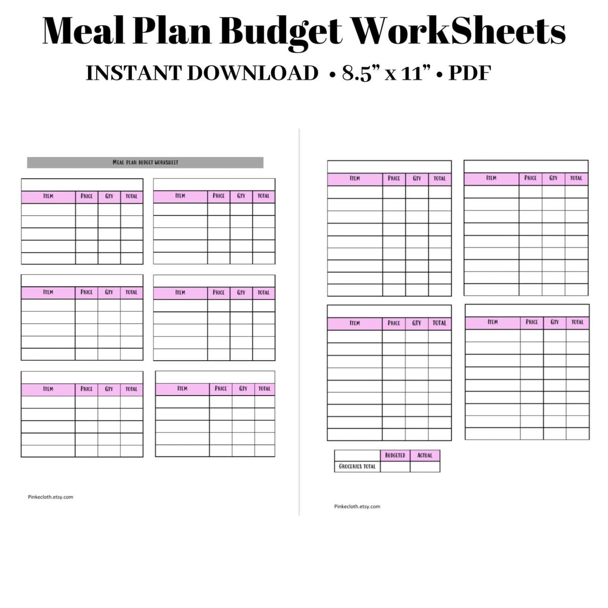 Printable Meal Plan Budget Worksheet | Meal Planner PDF INSTANT DOWNLOAD - PinkeCloth