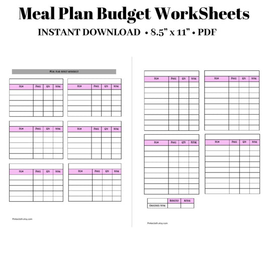 Printable Meal Plan Budget Worksheet | Meal Planner PDF INSTANT DOWNLOAD - PinkeCloth