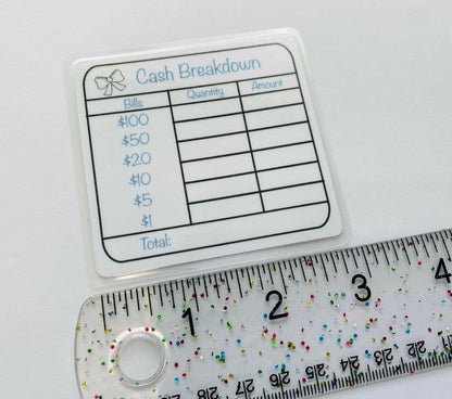 REUSABLE Cash Breakdown Bank Teller Slip (COLOR OPTIONS) | Laminated Cash Card - PinkeCloth