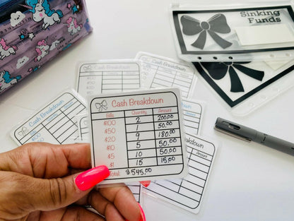REUSABLE Cash Breakdown Bank Teller Slip (COLOR OPTIONS) | Laminated Cash Card - PinkeCloth