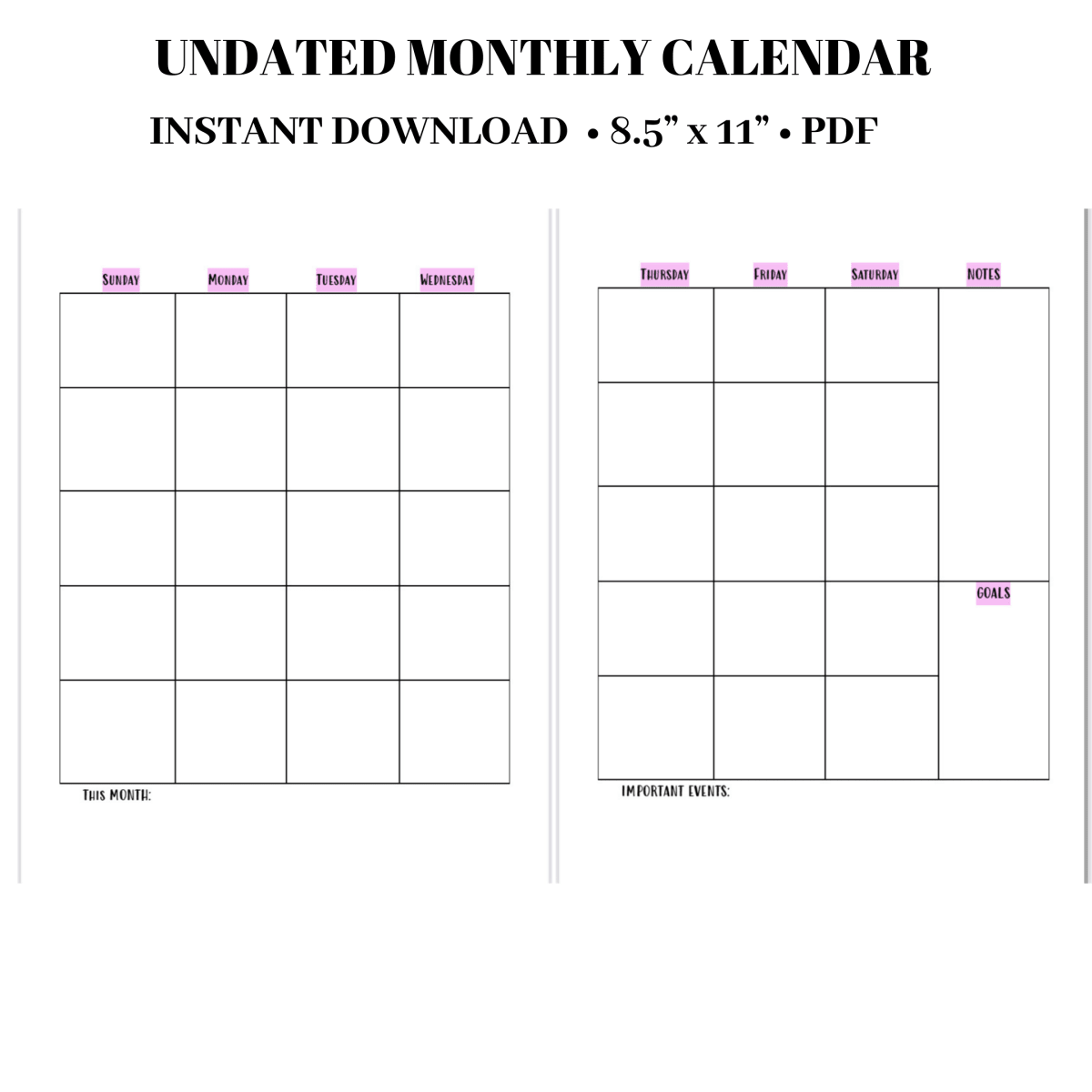 UNDATED Monthly Calendar pink | Budget Planner PDF INSTANT DOWNLOAD - PinkeCloth
