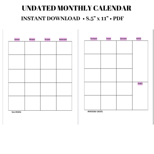 UNDATED Monthly Calendar pink | Budget Planner PDF INSTANT DOWNLOAD - PinkeCloth