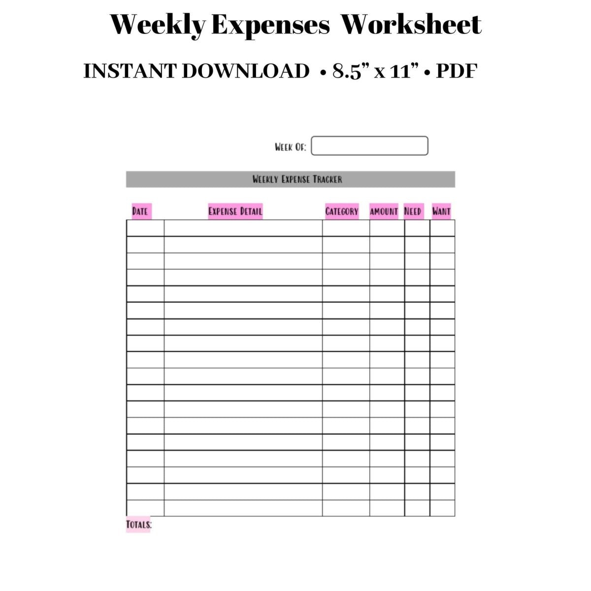 Weekly Expenses Worksheet | Spending tracker PDF INSTANT DOWNLOAD - PinkeCloth