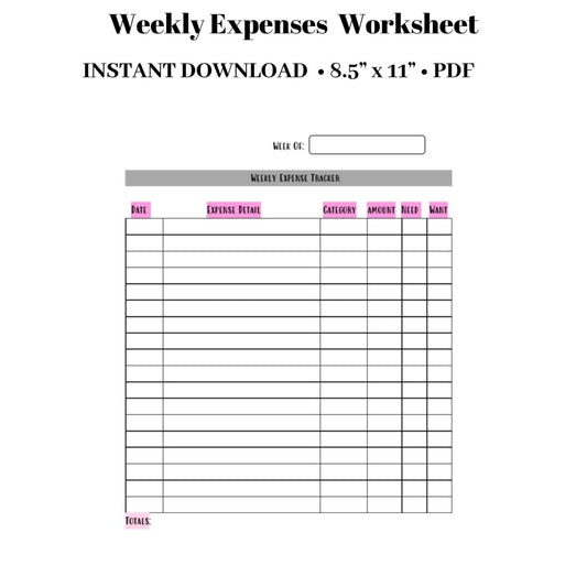 Weekly Expenses Worksheet | Spending tracker PDF INSTANT DOWNLOAD - PinkeCloth